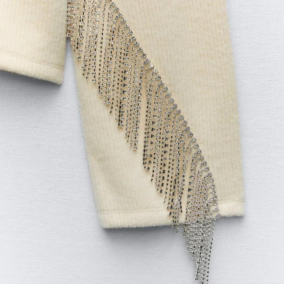 Zara Rhinestone Soft Knit Round Neck Sweater Ecru White  Size Medium NWT - Picture 4 of 14